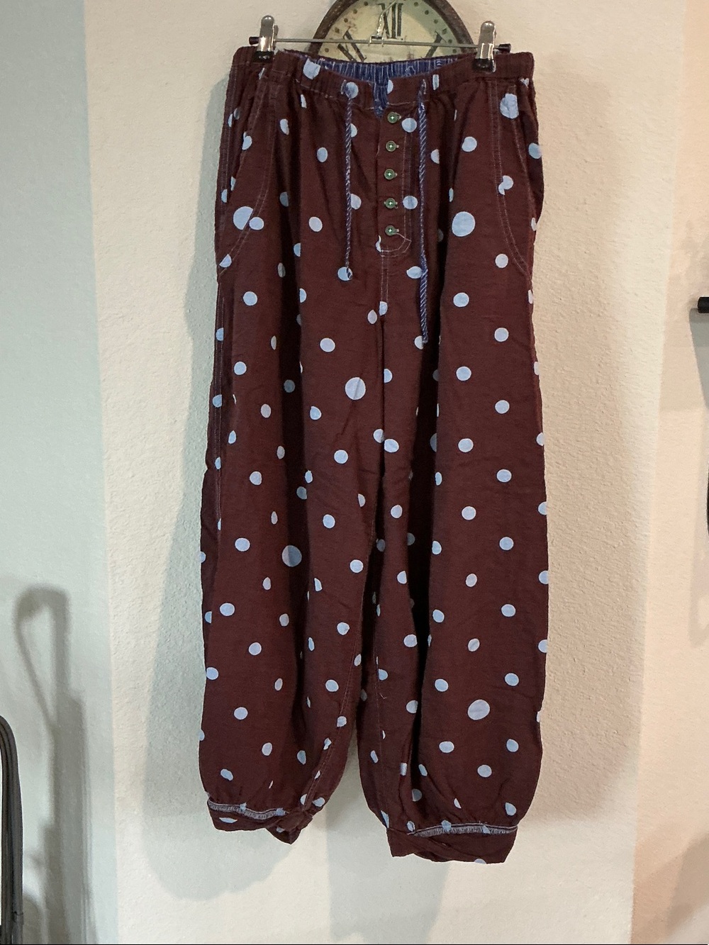 Women’s Brown Polka Dot Pants with Light Blue Dots